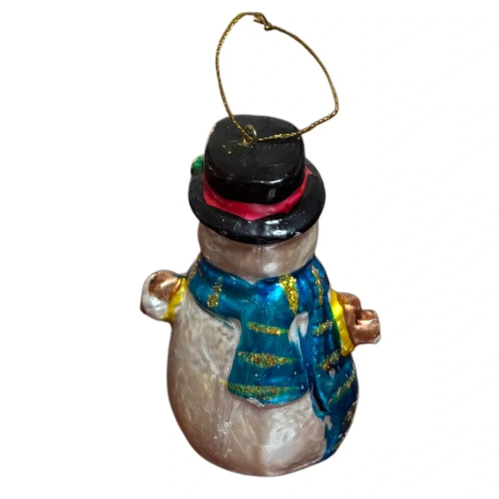 Snowman Glass Ornament Christmas Gift Box Set Collectible White Blue Red Gold